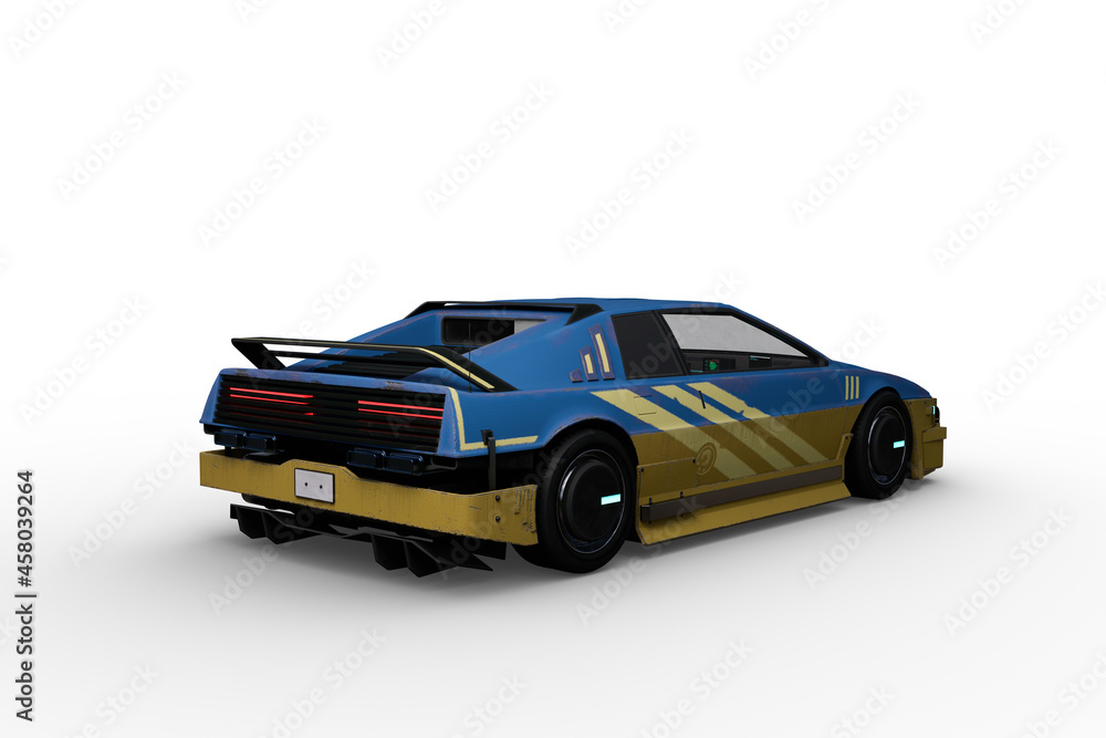 Rear perspective view 3D rendering of a blue and yellow futuristic cyberpunk style car isolated on a white background.