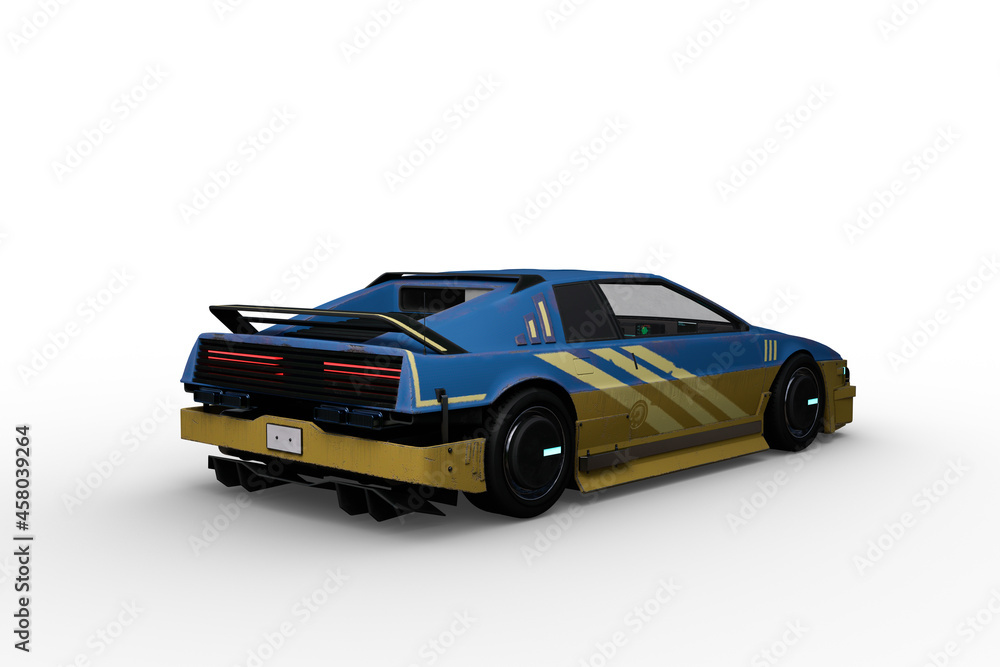 Rear perspective view 3D rendering of a blue and yellow futuristic cyberpunk style car isolated on a white background. Rear perspective view 3D rendering of a blue and yellow futuristic cyberpunk style car isolated on a white background.