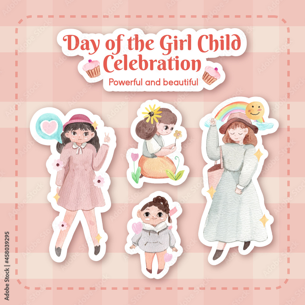 Sticker template with International Day of the Girl Child concept,watercolor style Sticker template with International Day of the Girl Child concept,watercolor style