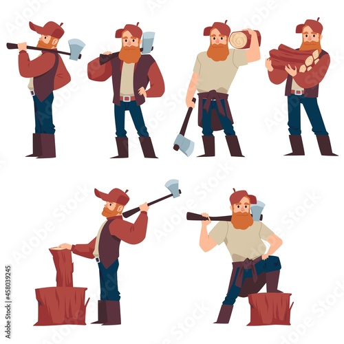 Set of cartoon lumberjack male characters, flat vector illustration isolated.