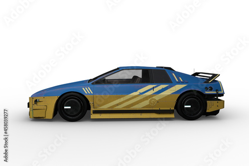 Side view 3D rendering of a blue and yellow futuristic cyberpunk style car isolated on a white background.
