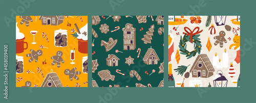 Vector set design icons for Christmas greetings seamless patterns. Winter holidays design elements. Traditional xmas attributes.