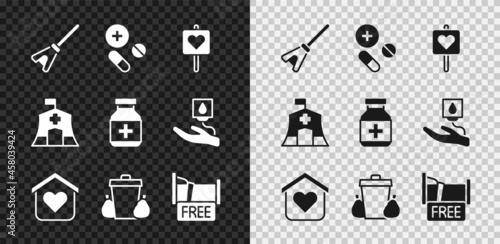 Set Mop, Medicine pill or tablet, Location with heart, Shelter for homeless, Trash can, Free overnight stay house, Emergency medical tent and bottle and pills icon. Vector