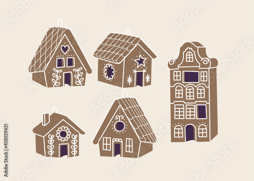 Vector illustrations collection of gingerbread houses. Cute naive christmas honey-cakes.