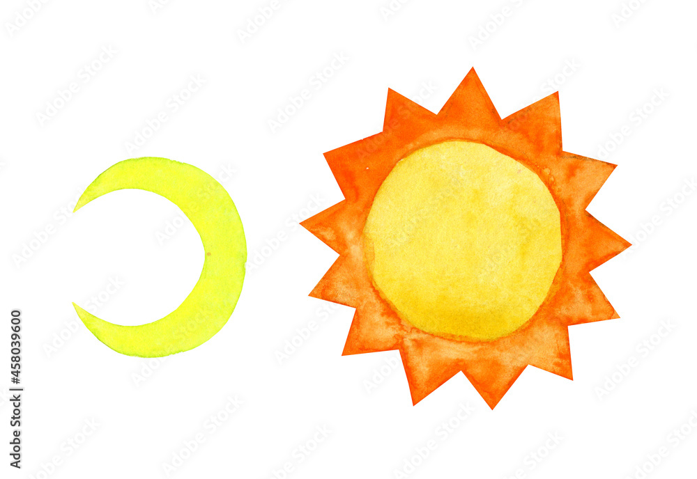 Abstract watercolor painting hand draw doodle moon and sun. Childish cartoon doodle style, day and night concept. Isolated on white background. Abstract watercolor painting hand draw doodle moon and sun. Childish cartoon doodle style, day and night concept. Isolated on white background.