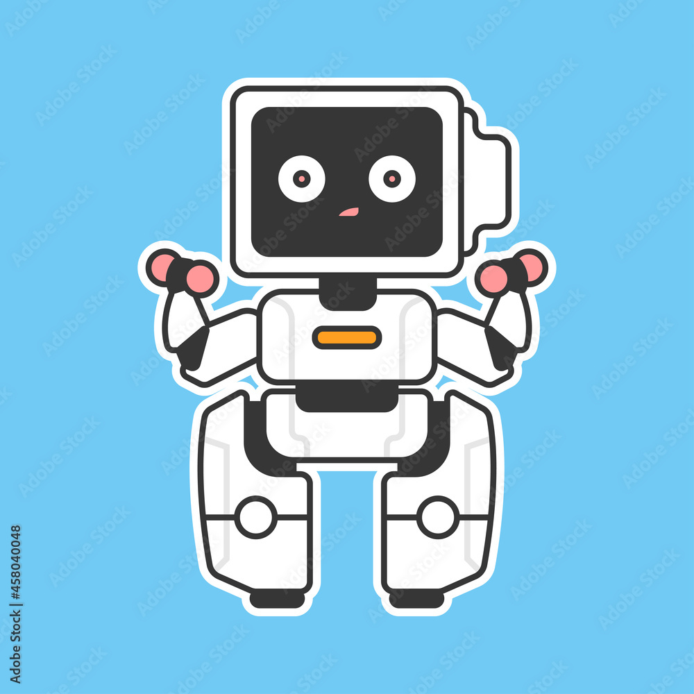 Funny robot with dumbbell vector cartoon character isolated on background.
