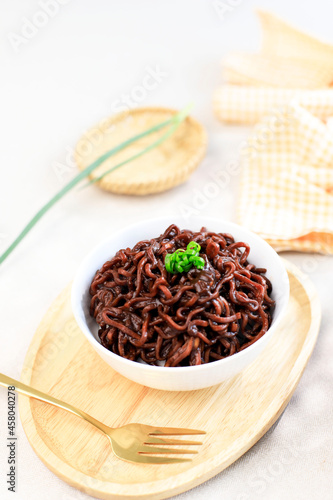 Selected Focus Jajangmyeon or Jjajangmyeon Korean Noodle with Black Bean Sauce