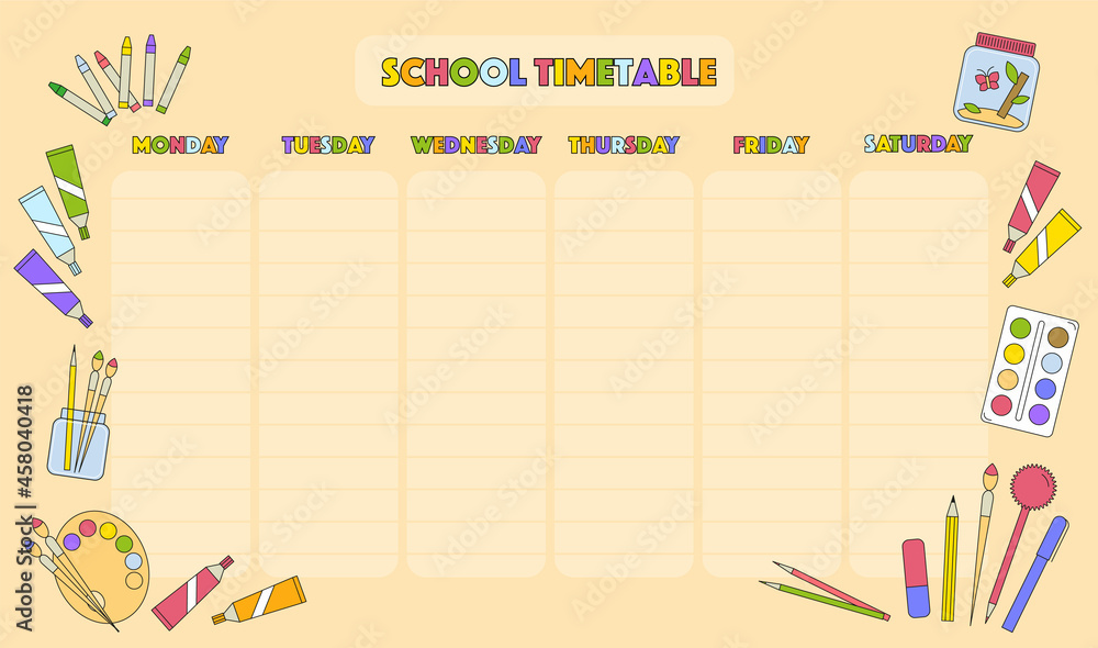 School timetable schedule list. Printable school 6 days weekly planner Monday - Saturday. Blank notepad for school lessons and activities. Colorful flat vector design with stationary outlined icons. School timetable schedule list. Printable school 6 days weekly planner Monday - Saturday. Blank notepad for school lessons and activities. Colorful flat vector design with stationary outlined icons.