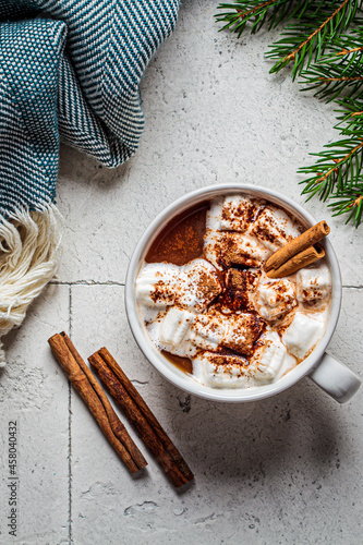 Cup of cocoa with marshmallow and cinnamon, christmas background, top view, copy space.