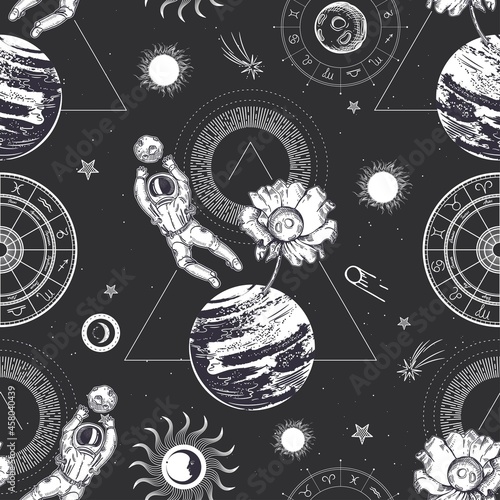 Planets, flower and astronaut. Space illustration. Seamless surreal pattern.