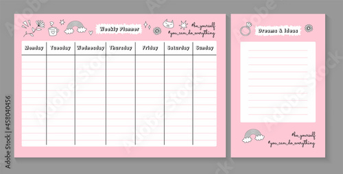 Girl weekly planner template. Printable weekly timetable schedule organizer. Pink and white colors with cute doodles icons. Blank to do list, shopping list, lined list. Colorful vector illustration.