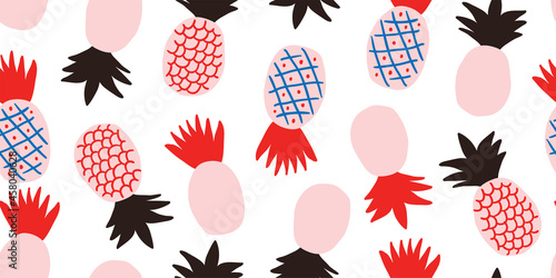 Colorful minimalistic abstract pineapples seamless pattern. Stylish tropical doodle vector pattern. Kids pattern in scandinavian style