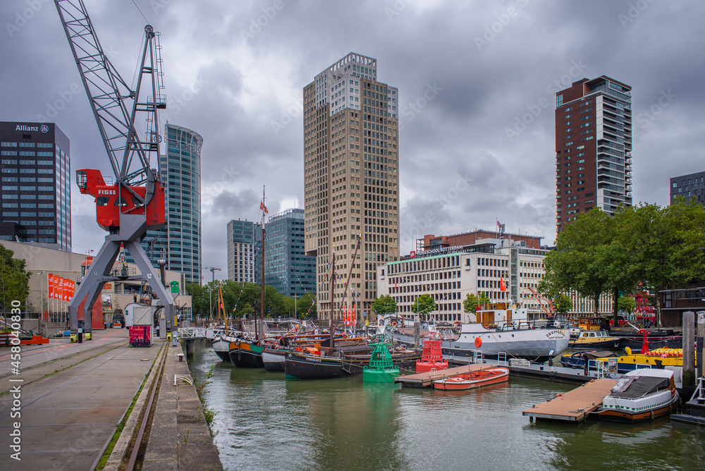 Fototapeta premium 15 September 2021, Rotterdam Maritime Museum, South Holland, Rotterdam, Netherlands. the harbor-museum at historical Leuvehaven, the Netherlands biggest open-air-museum.
