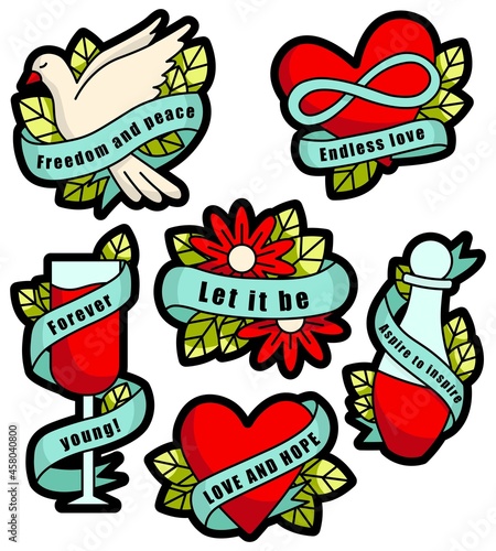 Set of stickers in a flat style. Stickers with the image of a glass  a bottle  a heart  plants and a ribbon with inscriptions. The set is placed on a white background. 