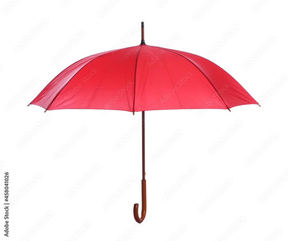 One open red umbrella isolated on white
