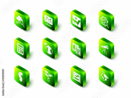 Set Genetic engineering, Graph chart infographic, Microorganisms under magnifier, Telescope, Graduation cap, Calculator, Graphing paper for and Plant breeding icon. Vector