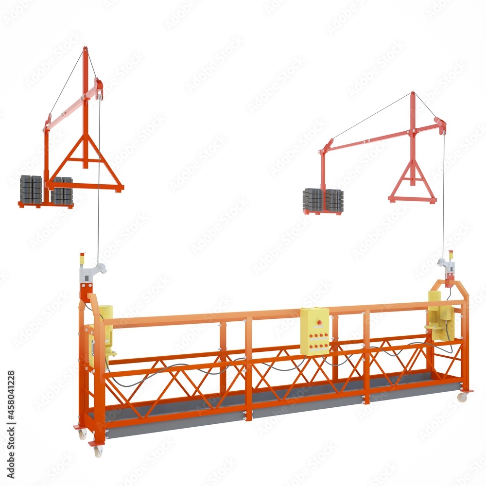 3D image, 3D rendering suspended platform with levers and wheels weighs on ropes on a white background 3D image, 3D rendering suspended platform with levers and wheels weighs on ropes on a white background