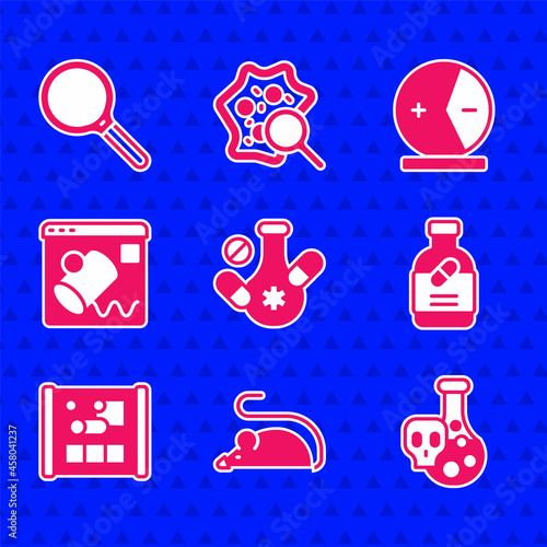 Set Medicine pill, Experimental mouse, Test tube with toxic liquid, bottle and pills, Graphing paper for engineering, Data visualisation, Atom and Magnifying glass icon. Vector