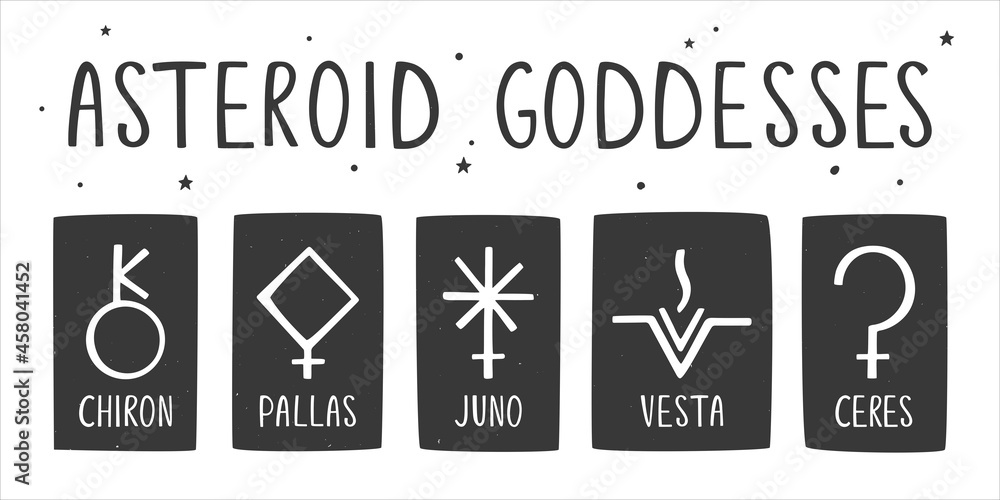 Set of ancient astrological, esoteric or alchemy symbols of the asteroid  goddesses. Chiron, Pallas, Juno, Vesta and Ceres. Minimalistic caption  icons. Vector hand drawn illustration Stock Vector | Adobe Stock