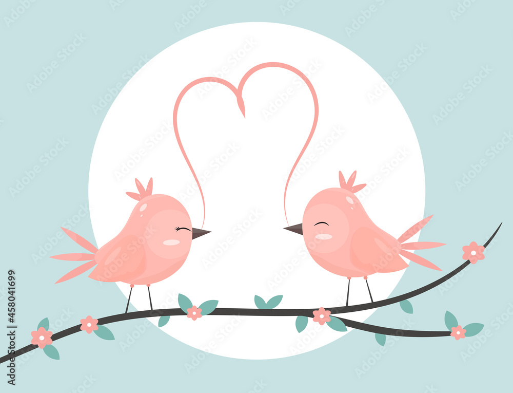 Cute love bird couple card. Birds with love and heart on branch. I love you card. Cartoon style