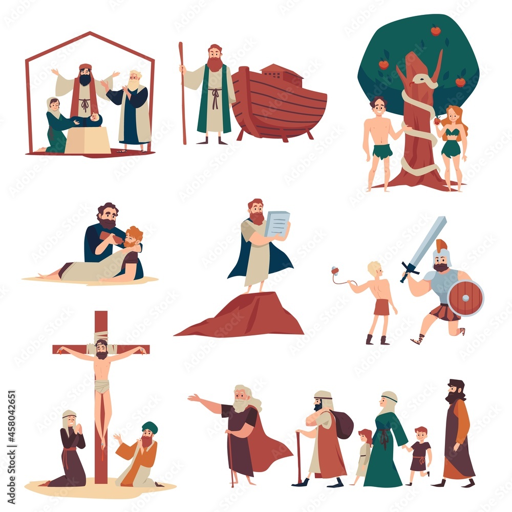 Bible narratives and religious moral stories, flat vector illustration isolated.