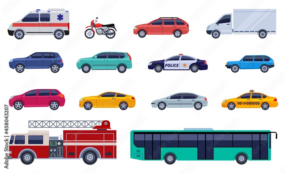 Flat cars collection. Auto design, car and bus objects. Isolated smart vehicles, city public transport and taxi. Transporting exact vector collection
