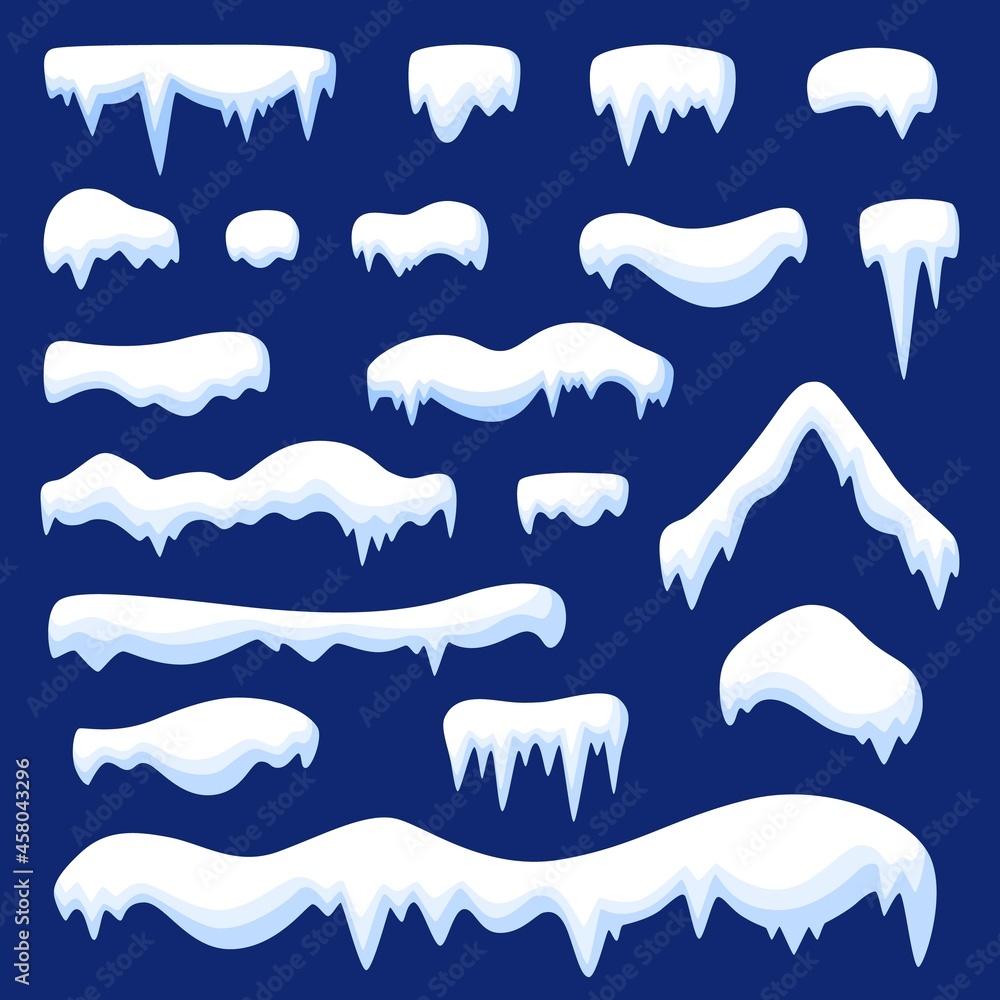Snow caps. Winter xmas frozen icicles, cartoon christmas snowy elements. Cold weather, snowfall cap effect. Seasonal decorative garish vector set Snow caps. Winter xmas frozen icicles, cartoon christmas snowy elements. Cold weather, snowfall cap effect. Seasonal decorative garish vector set