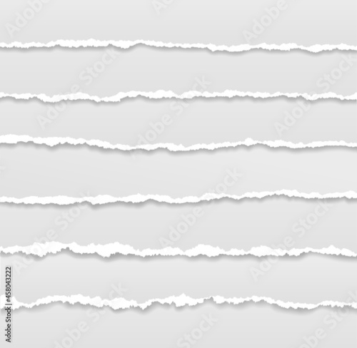 Torn page borders. Ripped edges paper banner, header design. Tear of sheets, rough grunge texture stripes. Horizontal scrapbook exact vector elements