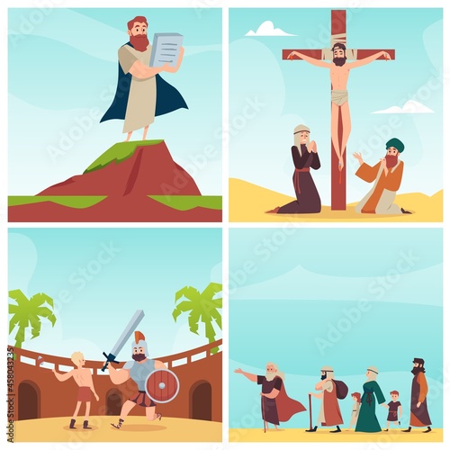 Bible banners set with Moses, Jesus and David, flat vector illustration.