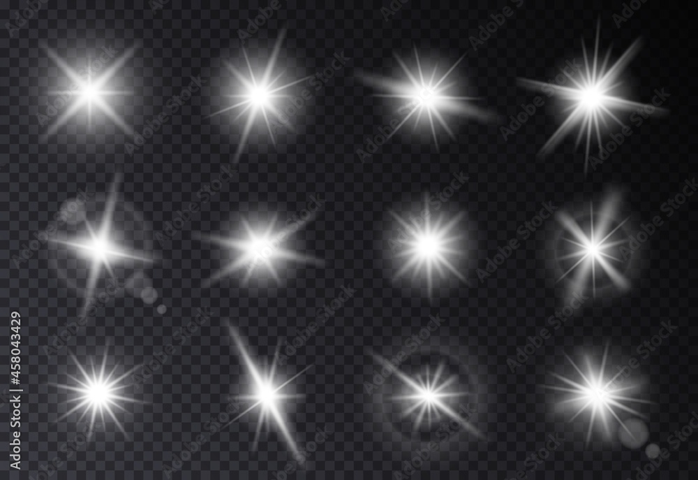 Isolated light white stars. Star glow, abstract shiny lighting sparkle. Glitter beams, burst with rays. Disco energy glare effect exact vector set Isolated light white stars. Star glow, abstract shiny lighting sparkle. Glitter beams, burst with rays. Disco energy glare effect exact vector set