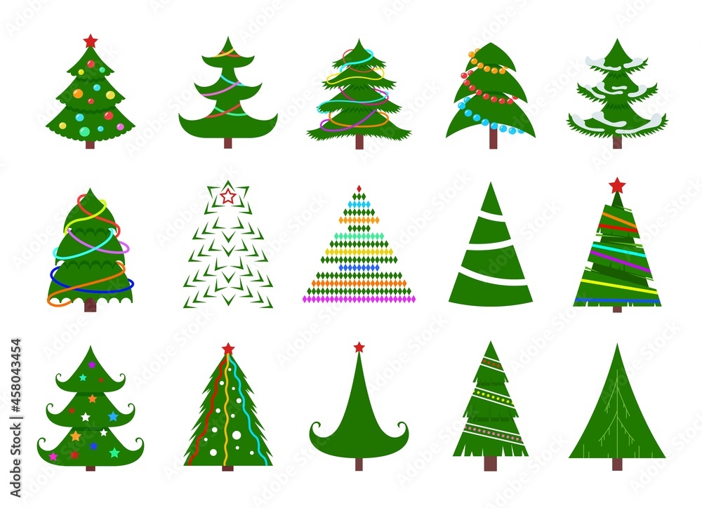 Christmas tree flat icons. New year trees, xmas star and tradition decorations. Cartoon winter holiday graphic elements, exact seasonal vector symbols