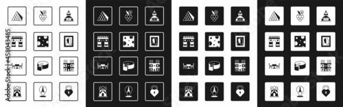 Set Museum building, Cheese, Triumphal Arch, Louvre glass pyramid, Portrait picture museum, Grape fruit, Notre Dame de Paris and French cafe icon. Vector