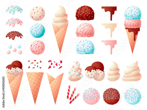 Tasty ice cream elements. Dessert constructor, candies and creamy balls. Waffle cones, liquid jam and chocolate. Isolated sweets swanky vector set