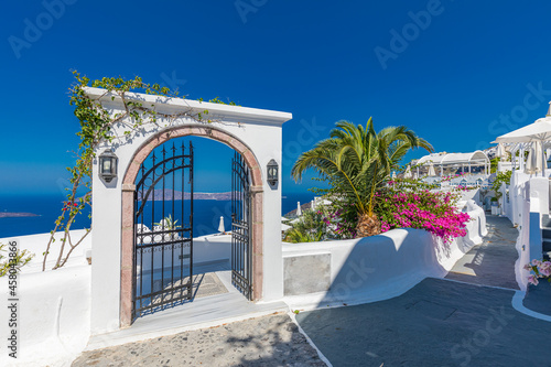 Fototapeta Naklejka Na Ścianę i Meble -  Fantastic travel background, Santorini urban street landscape. Iron door or gate entrance and white architecture under blue sky. Idyllic summer vacation holiday concept. Wonderful summer luxury vibes