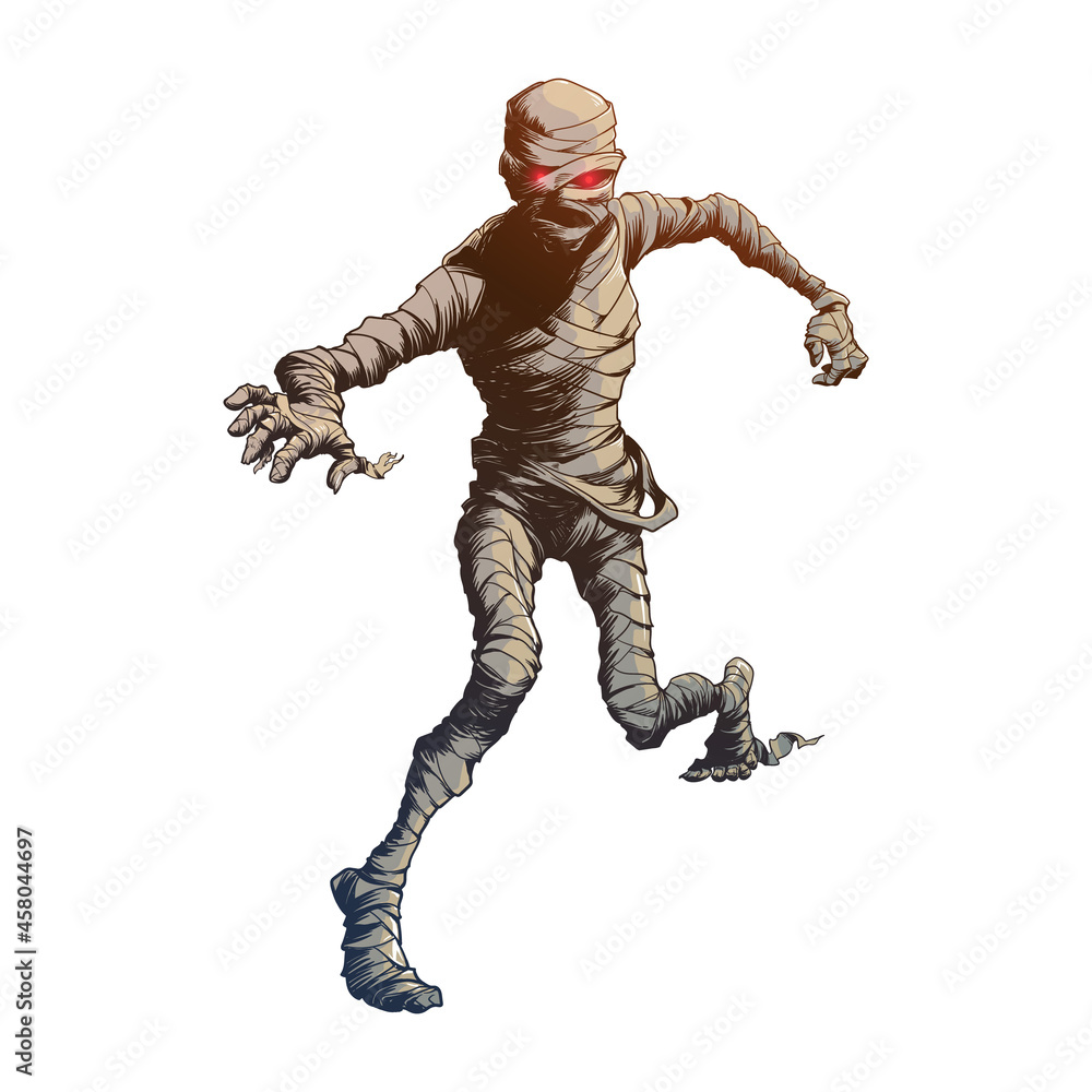Egyptian Pharaoh Mummy crawling and reaching out. Halloween character design. Comic book style illustration isolated on white background. EPS10 Vector illustration.