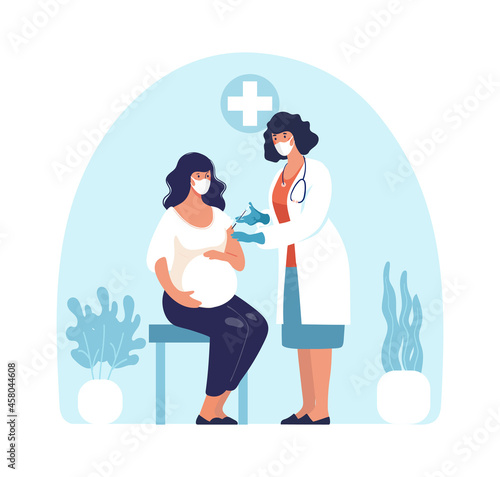 Pregnant woman at the doctor, a nurse giving an injection to momduring pregnancy, vaccinations and an appointment at the clinic, pregnancy health. Flat cartoon vector illustration isolated on white