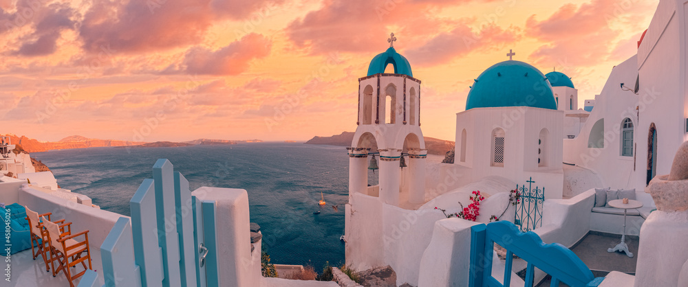Panoramic summer destination. Traveling concept, sunset scenic famous landscape Santorini island, Oia, Greece. Caldera view, colorful clouds, dream cityscape. Vacation panorama, amazing outdoor scene - obrazy, fototapety, plakaty 