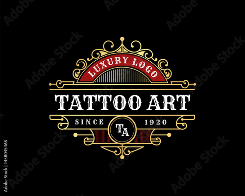 Vintage luxury ornamental logo with floral ornament. Suitable for whiskey, alcohol, beer, brewery, wine, barber shop, tattoo studio, salon, boutique, hotel, shop signage restaurant hotel 