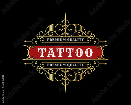 Vintage luxury ornamental logo with floral ornament. Suitable for whiskey, alcohol, beer, brewery, wine, barber shop, tattoo studio, salon, boutique, hotel, shop signage restaurant hotel 