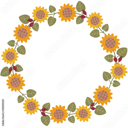 Sunflower wreath. Autumn leaves wreath frame on the white isolated background. 