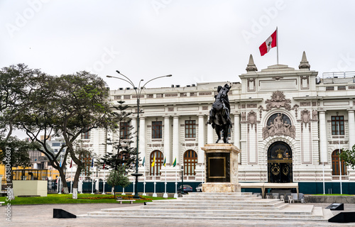 The Legislative Palace of Peru with a statue of Simon Bolivar in Lima photo