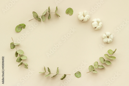 Plant branches frame with eucalyptus leaves and cotton flowers