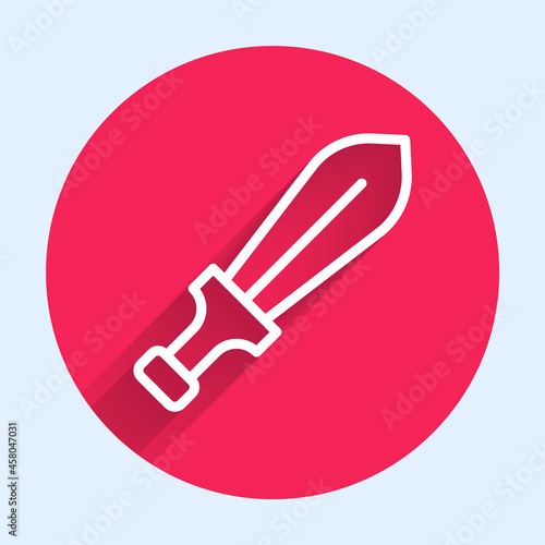 White line Sword toy icon isolated with long shadow background. Red circle button. Vector