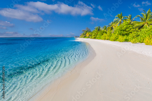 Amazing island beach. Tropical landscape of summer scenery white sand with palm trees. Luxury traveling vacation destination. Exotic resort hotel beach landscape. Beauty relax freedom nature template