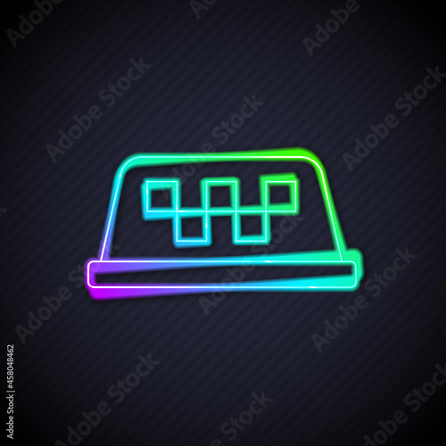 Glowing neon line Taxi car roof icon isolated on black background. Vector