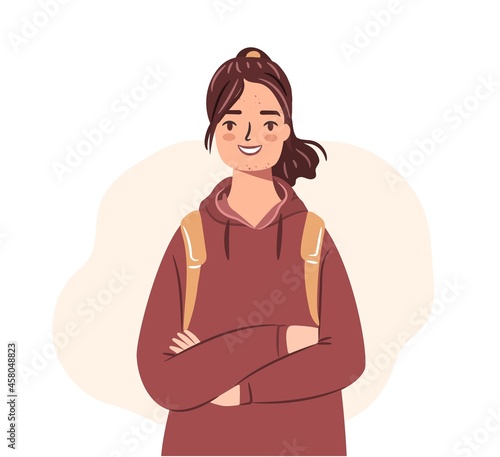 Happy teenager with acne. Student girl in hoodie isolated on white background. Flat vector illustration.