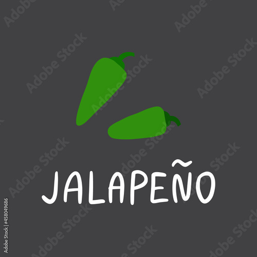 Jalapeno with lettering. Flat hand drawn hot spicy green pepper for food isolated on dark background.