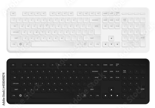 Realistic white and black wireless personal computer keyboard. English letters and symbols on keyboard buttons. Isolated vector on white background photo