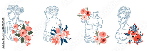 Vector greek sculptures on white background. Venus plaster sculpture. Set of vector elements for wedding invitation, design template, greeting card,pattern, textile, print
