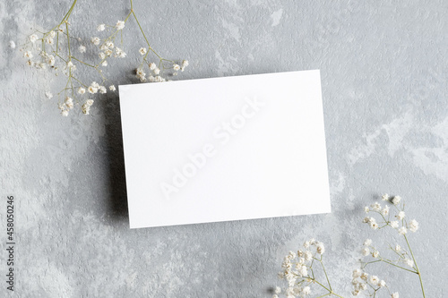 Invitation or greeting card mockup with white gypsophila twigs. Blank card mockup on grey background.